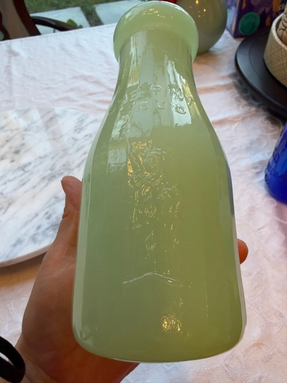 Vintage Jadeite Green Milk Glass Bottle- Property of Liberty Milk Co.